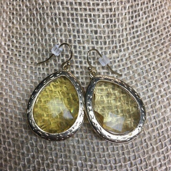 Dangle Pierced Earrings Faceted Yellow Teardrop Amber Gold Retro Boho Soft Girl - Picture 2 of 3